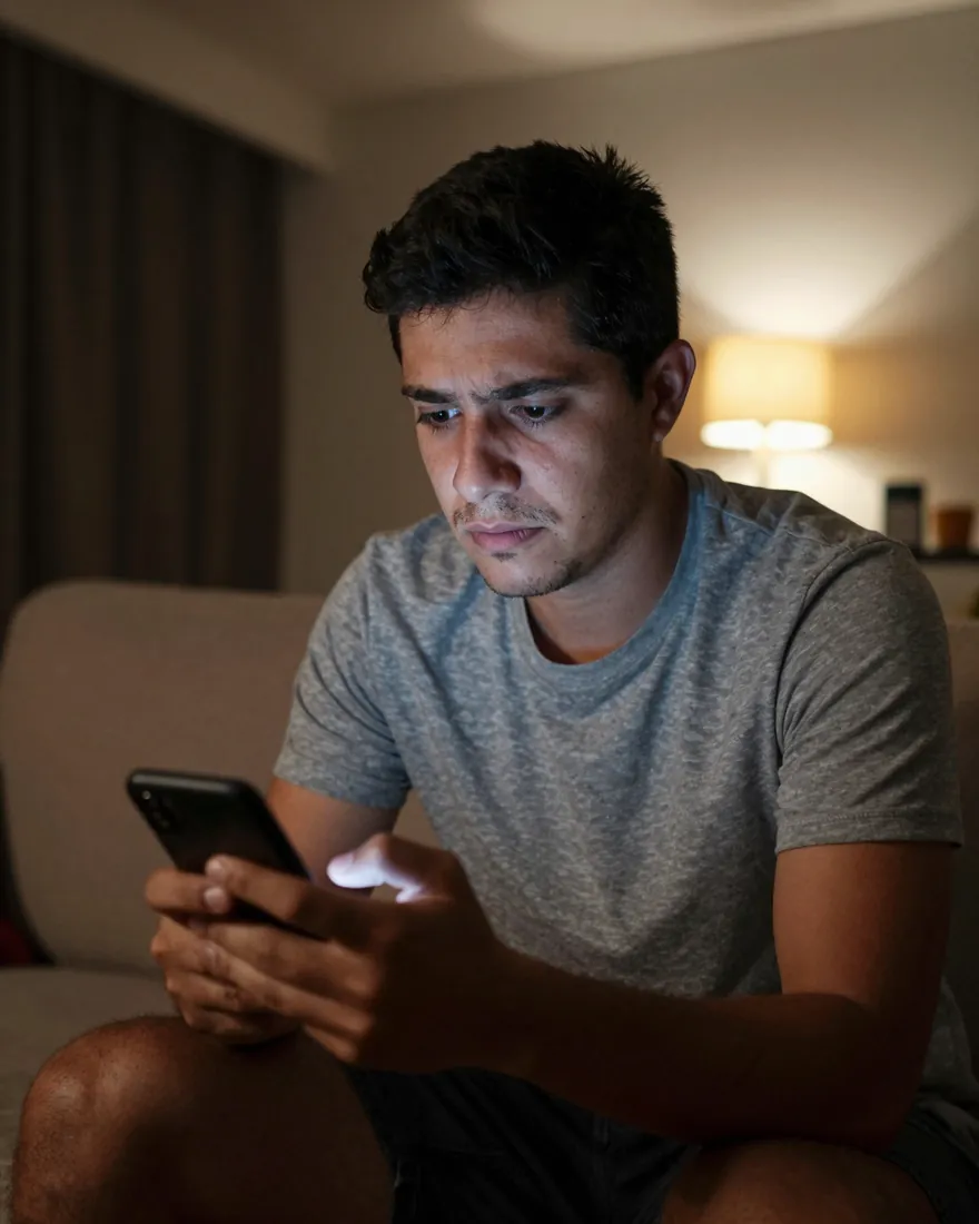 Vendedor no sofá à noite olhando o celular, preocupado