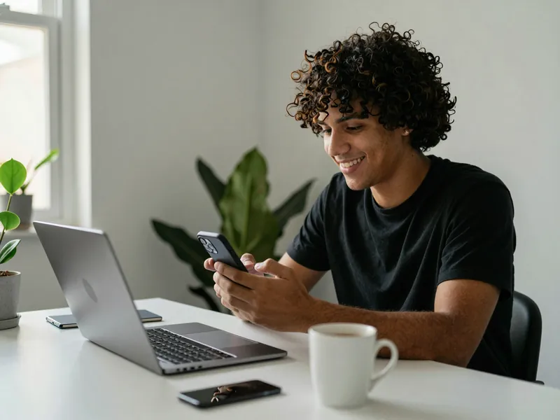 Vendedor em casa sorrindo pro celular